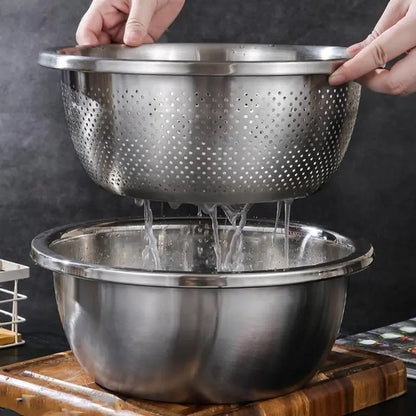 Summerwins 3-in-1 Stainless Steel Multifunctional Cutting Machine and Strainer Set for Washing Rice, Fruits, and Vegetables - Essential Kitchen Tool