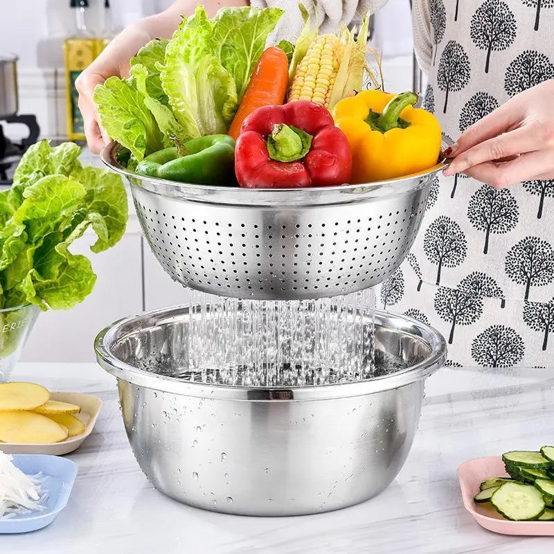 Summerwins 3-in-1 Stainless Steel Multifunctional Cutting Machine and Strainer Set for Washing Rice, Fruits, and Vegetables - Essential Kitchen Tool
