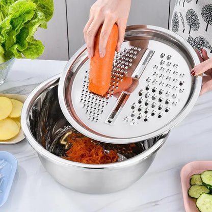 Summerwins 3-in-1 Stainless Steel Multifunctional Cutting Machine and Strainer Set for Washing Rice, Fruits, and Vegetables - Essential Kitchen Tool