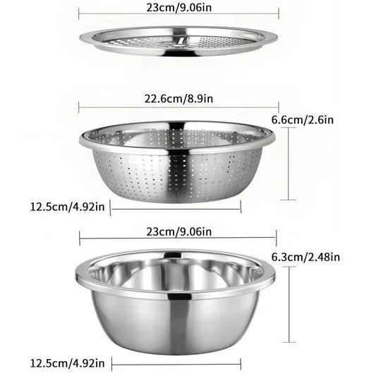 Summerwins 3-in-1 Stainless Steel Multifunctional Cutting Machine and Strainer Set for Washing Rice, Fruits, and Vegetables - Essential Kitchen Tool