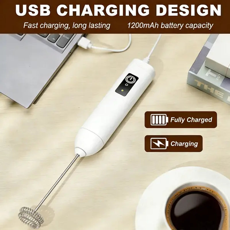 Rechargeable Electric Handheld Milk Frother with Dual Spring Whisk and Adjustable Speed Settings - Compact USB-C Stainless Steel Mixer for Coffee, Protein Shakes, and Milkshakes
