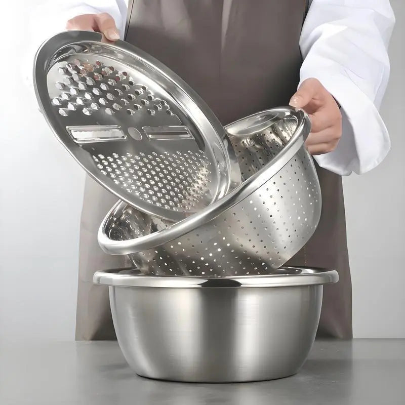 Summerwins 3-in-1 Stainless Steel Multifunctional Cutting Machine and Strainer Set for Washing Rice, Fruits, and Vegetables - Essential Kitchen Tool