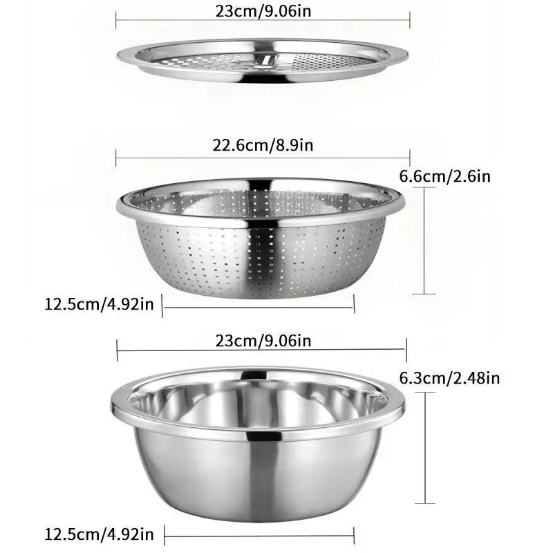 Summerwins 3-in-1 Stainless Steel Multifunctional Cutting Machine and Strainer Set for Washing Rice, Fruits, and Vegetables - Essential Kitchen Tool