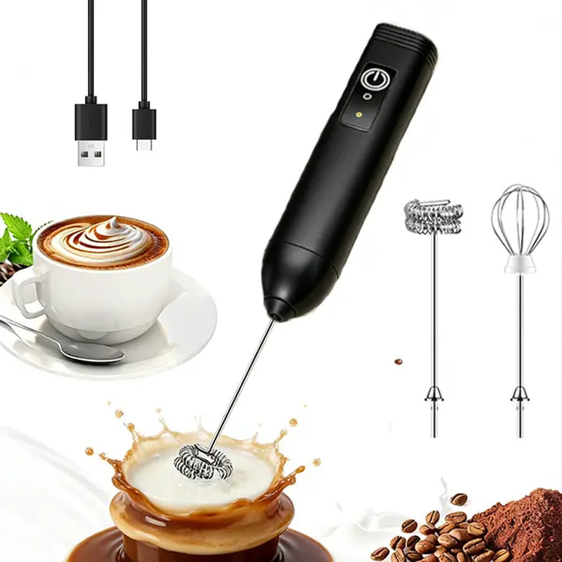 Rechargeable Electric Handheld Milk Frother with Dual Spring Whisk and Adjustable Speed Settings - Compact USB-C Stainless Steel Mixer for Coffee, Protein Shakes, and Milkshakes