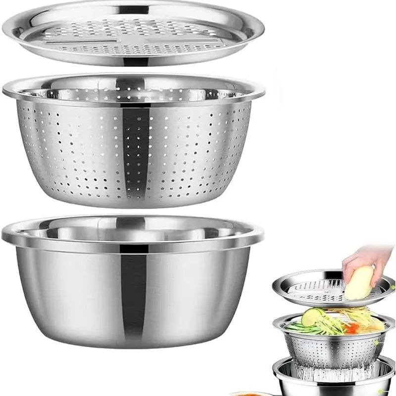 Summerwins 3-in-1 Stainless Steel Multifunctional Cutting Machine and Strainer Set for Washing Rice, Fruits, and Vegetables - Essential Kitchen Tool