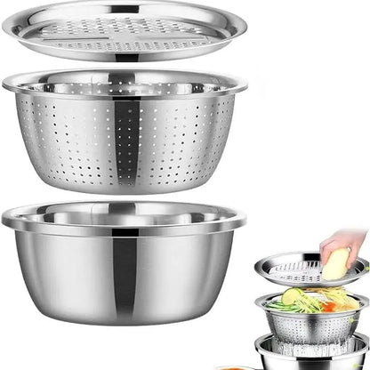 Summerwins 3-in-1 Stainless Steel Multifunctional Cutting Machine and Strainer Set for Washing Rice, Fruits, and Vegetables - Essential Kitchen Tool