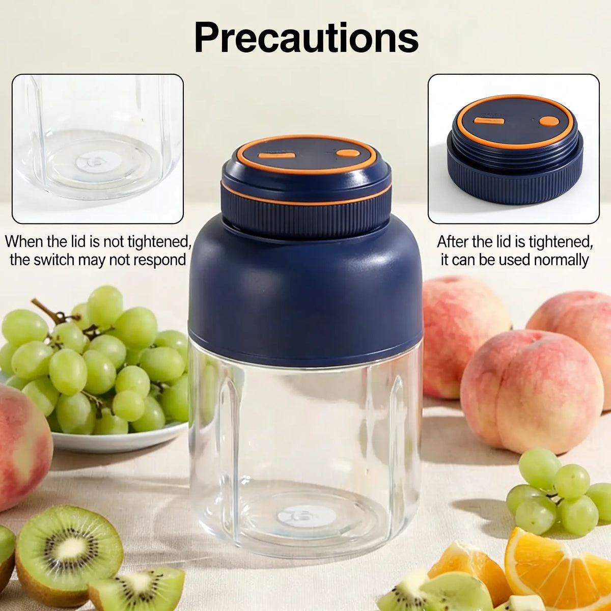 Portable Usb-Rechargeable Kitchen Fruit Juicer Blender Cup - Plastic & Metal Household Multifunctional Smoothie Maker, Summer Home Essential with Safety Lock Precautions (Tighten Lid before Use)