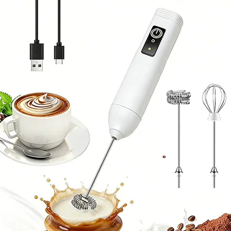 Rechargeable Electric Handheld Milk Frother with Dual Spring Whisk and Adjustable Speed Settings - Compact USB-C Stainless Steel Mixer for Coffee, Protein Shakes, and Milkshakes